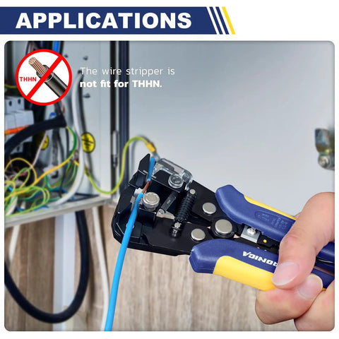 All In One Ferrule Crimping Tool Kit With Built In Automatic Wire Stripper And Ferrule Crimper For AWG 24 10 And AWG 23 7 Wires That Makes Wiring A Breeze being used on blue wire