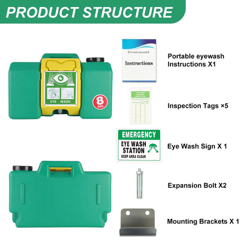 Heavy Duty Eight Gallon Portable Eyewash Station Osha Approved Wall Mount Eye Wash Irrigation Kit For Job Sites with instructions and accessories.
