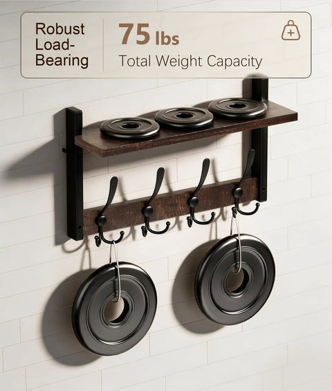 Top Notch Wall Mount Wood Coat Rack Sweet Space Saving Shelf Display Hook System features load-bearing shelf and decorative hooks.