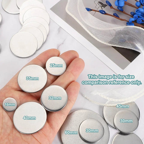 Various sizes of stainless steel discs, ranging from 16mm to 60mm, shown in hand for size comparison, alongside 4 Pack 54mm Stainless Steel Discs For Dope Crafts And Jewelry Making, Flat Round Sheets 1.8mm Thick, Durable 304 Stainless Steel Blank Circles For Metal Stamping, Engraving, DIY Projects And Custom Jewelry Pieces.