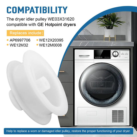 Dryer Idler Pulley Wheel Replacement for Hotpoint and Compatible Dryers with compatibility details and modern dryer.