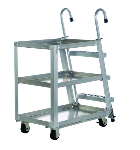 Top Shelf Aluminum Stock Picker Cart With Built In Steel Step Ladder 1000 Lb Max Payload Rating double shelf cart with wheels
