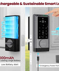 Six In One Smart Lock With Camera And Doorbell For Front Door, Keyless Entry, Fingerprint Scanner, App Remote, IC Card, Passcode, And Voice Control With Alexa And Google Assistant, Wi Fi Enabled Deadbolt In Silver, shown mounted on a door with waterproof and rechargeable features.