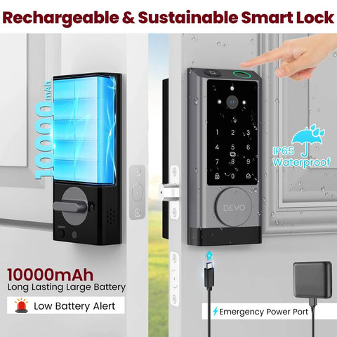 Six In One Smart Lock With Camera And Doorbell For Front Door, Keyless Entry, Fingerprint Scanner, App Remote, IC Card, Passcode, And Voice Control With Alexa And Google Assistant, Wi Fi Enabled Deadbolt In Silver, shown mounted on a door with waterproof and rechargeable features.