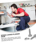 Man repairing a dishwasher while holding a tool, showcasing Rock Solid 2 Pack Stainless Steel Retractable Spring Plunger Pins.