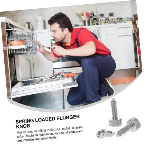 Man repairing a dishwasher while holding a tool, showcasing Rock Solid 2 Pack Stainless Steel Retractable Spring Plunger Pins.