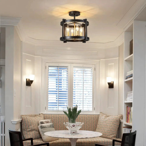 4 Light Dope Semi Flush Mount Ceiling Light Fixture in Black and Gold Farmhouse Rustic Vintage Style in dining room
