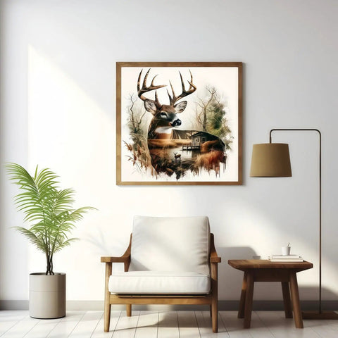 5D Diamond Painting Kit For Grownups Deer Design hung on white wall above chair and table, home decor