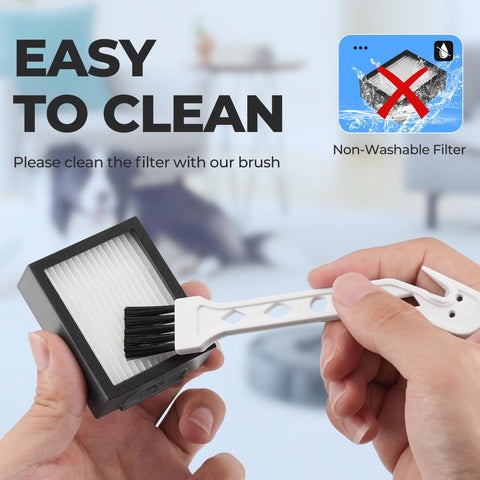 Person cleaning Top Rated High Efficiency Vacuum Filter Replacement Kit For Roomba I E J Series Must Have With I7 I7 Plus I3 I3 Plus I4 I4 Plus I6 I6 Plus I8 I8 Plus E5 E6 E7 Includes Cleaning Brush 6 Pack with brush