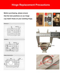 Hinge Replacement Precautions showing dimensions and compatibility for Solid Short Arm Inset Blind Corner Cabinet Hinges.