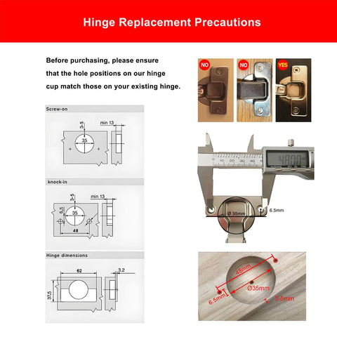 Hinge Replacement Precautions showing dimensions and compatibility for Solid Short Arm Inset Blind Corner Cabinet Hinges.