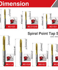 Dimensions of 7 Piece Spiral Point Tap Set M2 to M6 Titanium Coated High Speed Steel 6542 Machine Threading Tools for Metalworking