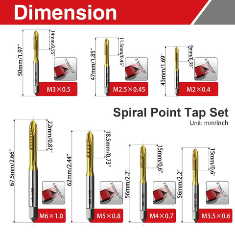 Dimensions of 7 Piece Spiral Point Tap Set M2 to M6 Titanium Coated High Speed Steel 6542 Machine Threading Tools for Metalworking