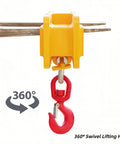 Tough As Nails 2200 Lb Forklift Lifting Hook With 360 Degree Swivel, bright yellow top and red hook for heavy cargo.