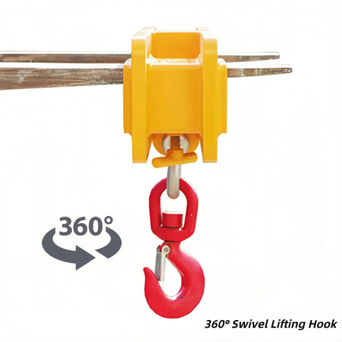 Tough As Nails 2200 Lb Forklift Lifting Hook With 360 Degree Swivel, bright yellow top and red hook for heavy cargo.