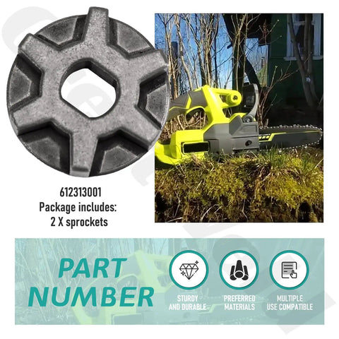 Two Pack 612313001 Chainsaw Sprockets For P548 Models Replacement Parts Built Tough With Metal Construction Fits Select Chainsaws Easy Install Long Lasting Gear To Keep Your Cutters Spinning. Metal 612313001 sprocket shown with P548 chainsaw, 2-pack replacement part