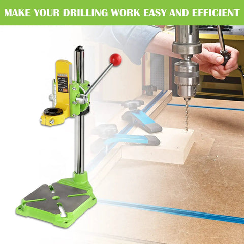 Beefy Floor Drill Press Stand And Work Station Table Top With 90 Degree Rotating Frame shown in use for precision drilling on wood.