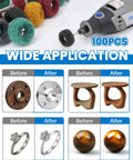 Pro Grade 100 Piece 1 Inch Alumina Buffing Wheel Set For Dremel Rotary Tools showing versatility on metal, wood, and jewelry.
