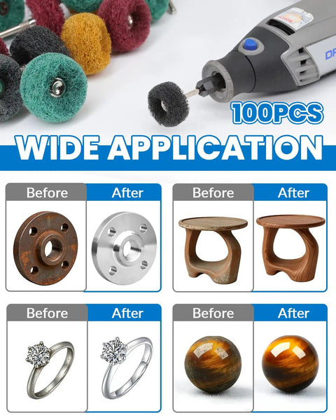 Pro Grade 100 Piece 1 Inch Alumina Buffing Wheel Set For Dremel Rotary Tools showing versatility on metal, wood, and jewelry.