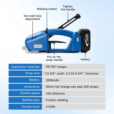 Side view of a Cordless Electric Strapping Tool For Half To Five Eighths Inch PP And PET Straps Handheld Auto Sealer With Two Batteries Semi Automatic Banding Tool, showing strap tension settings and battery placement.