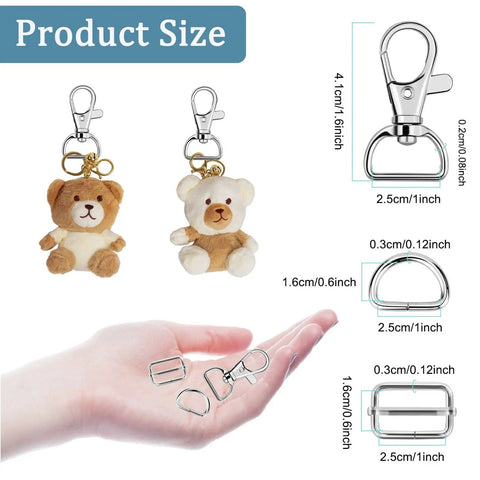 Product size details for Top Shelf 60 Piece Bag Making Hardware Kit featuring swivel snap hooks and D Rings.