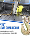 5/16 inch clevis grab hook, grade 70 forged steel, 5400 lb WLL, 10-pack, shown with steel chain in truck bed.