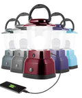 Beefy 800 Lumen LED Camping Lantern With USB Rechargeable Battery 200 Hour Runtime Carabiner Handle Emergency Light For Blackouts Storms And Hiking Adventures in assorted colors with charging phone.
