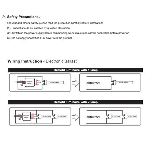 Diagram of wiring instructions for retrofitting 1 or 2 lamps with LED PLD Horizontal Plug In Light Bulb 9W Ballast Bypass, UL Listed