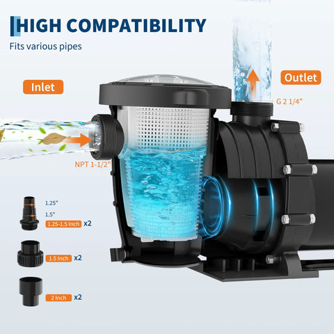 Heavy Duty Swimming Pool Pump With 2Hp Copper Motor And 1500W Output offering dual voltage setup, showing inlet and strainer basket.