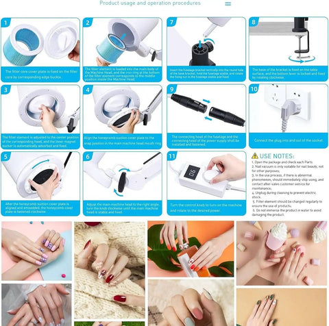 Product usage instructions for Badass Nail Dust Collector Vacuum With Sturdy Table Mount And Dimmable Led Light for cleaning nails.