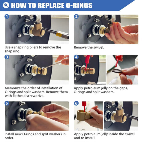 Instructional guide for replacing O-rings on a Heavy Duty Pressure Washer Hose Reel With 4000 PSI Rating, detailing steps 1 to 6.
