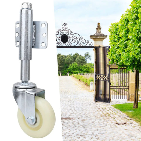 Built Tough Four Inch Spring Loaded Gate Wheel With Shock Absorbing Nylon Rollers And Six Hole Steel Bracket Handles 110 Lbs on a gate.