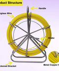 Intsuprmai 425 Ft Fiberglass Fish Tape for Electrical Conduit Wiring, showing yellow fiberglass wire on steel stand.