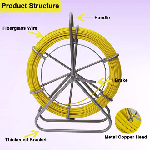 Intsuprmai 425 Ft Fiberglass Fish Tape for Electrical Conduit Wiring, showing yellow fiberglass wire on steel stand.