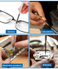 Top Shelf Precision Screwdriver Set Featuring Flathead And Phillips Bits For No Sweat Electronics Repairs On Laptops Phones Watches Cameras And Tiny Tech Gadgets, shown fixing glasses, calculators, and watches.