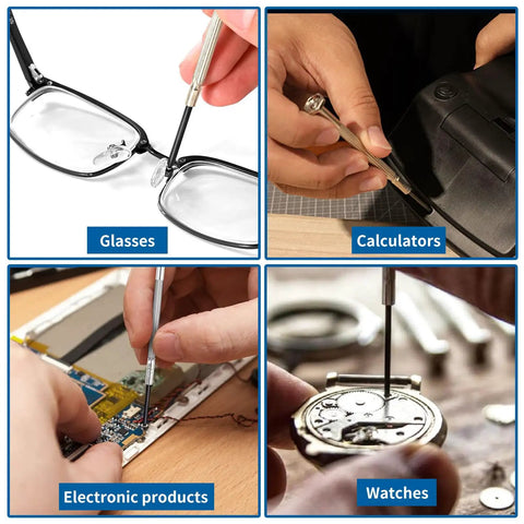 Top Shelf Precision Screwdriver Set Featuring Flathead And Phillips Bits For No Sweat Electronics Repairs On Laptops Phones Watches Cameras And Tiny Tech Gadgets, shown fixing glasses, calculators, and watches.