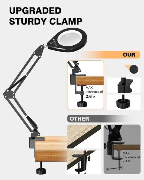 Hands Free Desk Magnifier With Light 10X And 5X Real Glass Anti Glare Lens showing clamp installation on desk