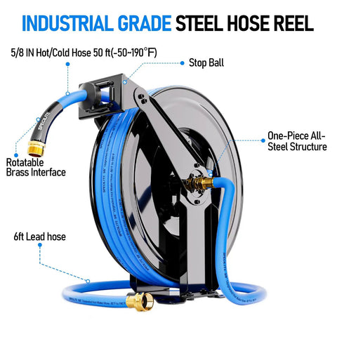 Retractable Hose Reel Kit 50 Ft Heavy Duty Metal Wall Mount With Hot And Cold Garden Water Hose Five Eighths Inch, Six Ft Lead Hoses
