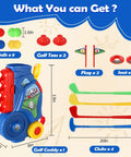 Totally Awesome Toddler Golf Set With Sturdy Rolling Cart Includes Four Beginner Clubs And Bright Durable Balls Perfect For Tiny Pros Ages Three To Five Epic Backyard Play Time. Includes clubs, balls, and cart.