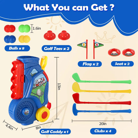 Totally Awesome Toddler Golf Set With Sturdy Rolling Cart Includes Four Beginner Clubs And Bright Durable Balls Perfect For Tiny Pros Ages Three To Five Epic Backyard Play Time. Includes clubs, balls, and cart.