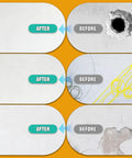 Image showing before and after results of using Premium Drywall Repair Kit With Fast Drying Spackle Paste for wall repairs.