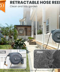 Retractable Garden Hose Reel With Auto Rewind And Any Length Lock 90 Ft Of 5/8 Inch Hybrid Hose mounted on house exterior