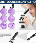 Powerful Biological Microscope For Adults And Kids 100X-2000X With Phone Adapter, student viewing slides, magnification options.