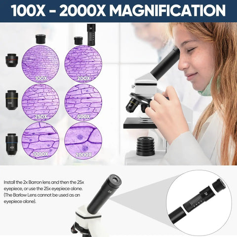 Powerful Biological Microscope For Adults And Kids 100X-2000X With Phone Adapter, student viewing slides, magnification options.