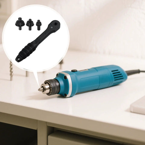 Heavy Hitter Ratchet Drill Chuck Key With Magnetic Quick Swap Heads, Universal Fit For Electric Drills and Presses shown with bits.