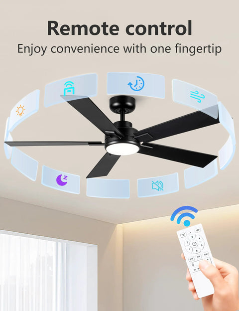 52 Inch Black Outdoor Ceiling Fan With Light And Remote, Reversible DC Motor, 6 Speed Ultra Quiet, in bedroom setting
