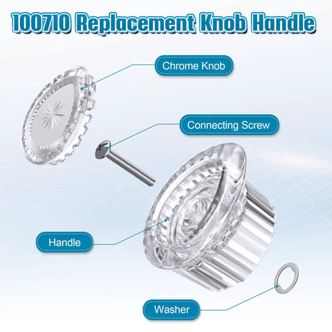 Diagram of Replacement Shower Knob Kit For Moen 100710 with chrome knob, connecting screw, handle, and washer components.