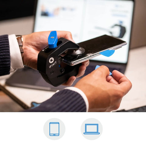 Pro Grade Anti Clamp Opening Tool For Phones And Tablets With Dual Suction Cups and adjustable force in use on smartphone screen
