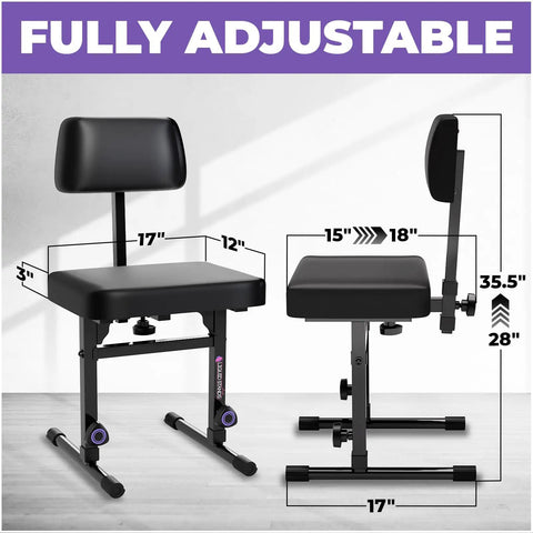 Heavy Duty Piano Keyboard Stand With Wheels And Adjustable Bench showcasing adjustable stool dimensions.