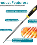 5 Piece Metal Needle File Set With Hardened Alloy Steel Construction ergonomic handle and features displayed